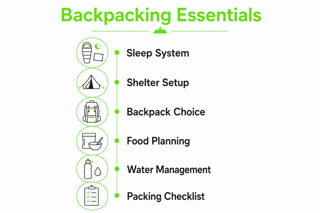 Infographic illustrating backpacking essentials step-by-step