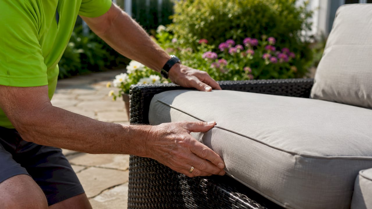 Close-up hands checking durability of outdoor cushion