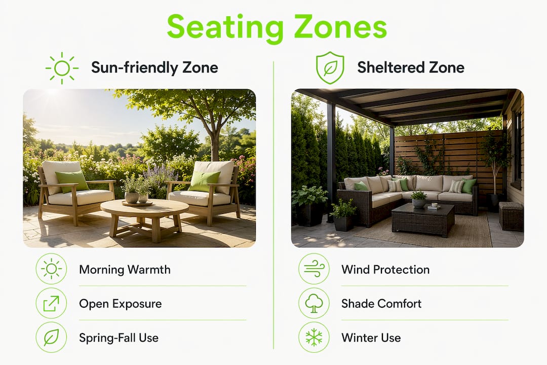 Infographic showing sun-friendly vs sheltered seating zones