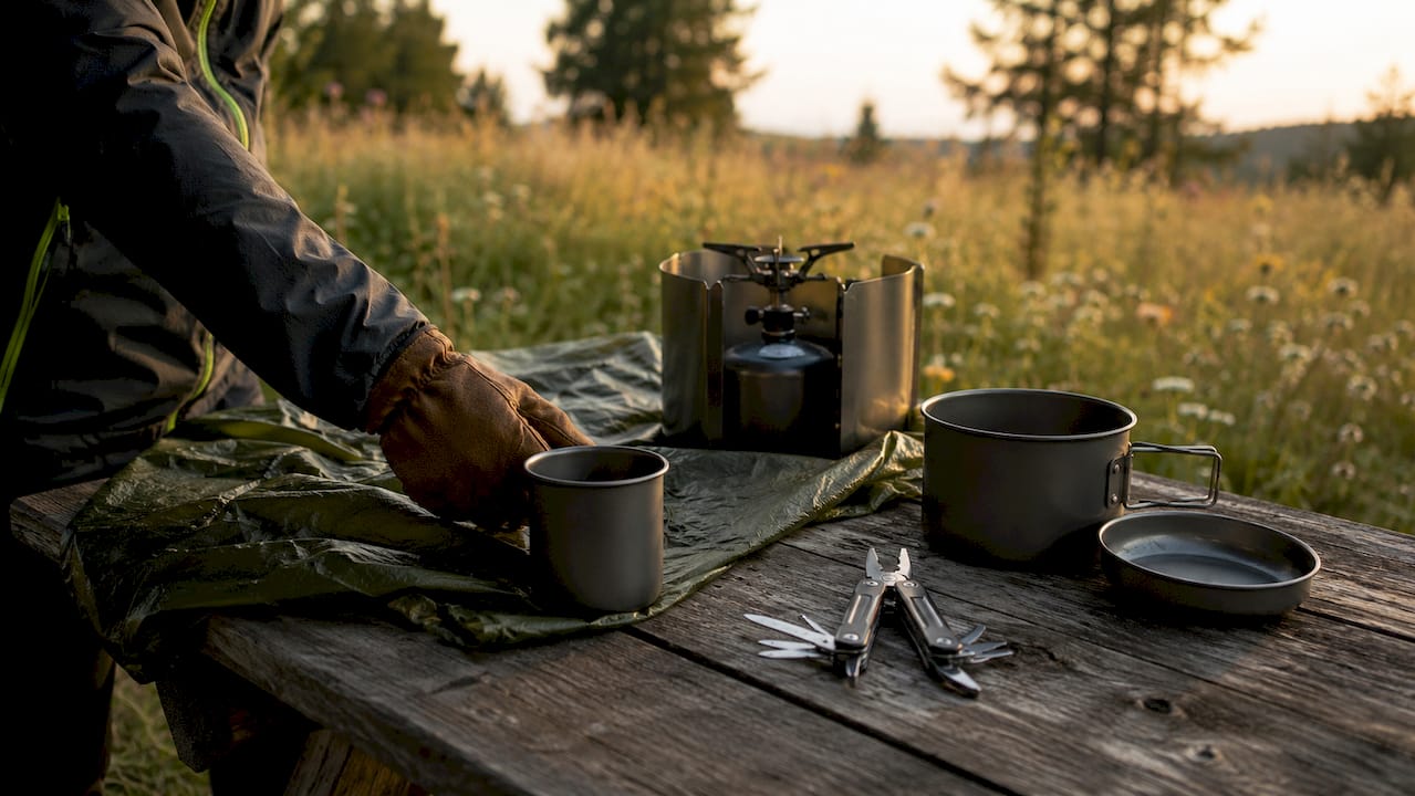 Close-up of integrated utility-first camping gear on table