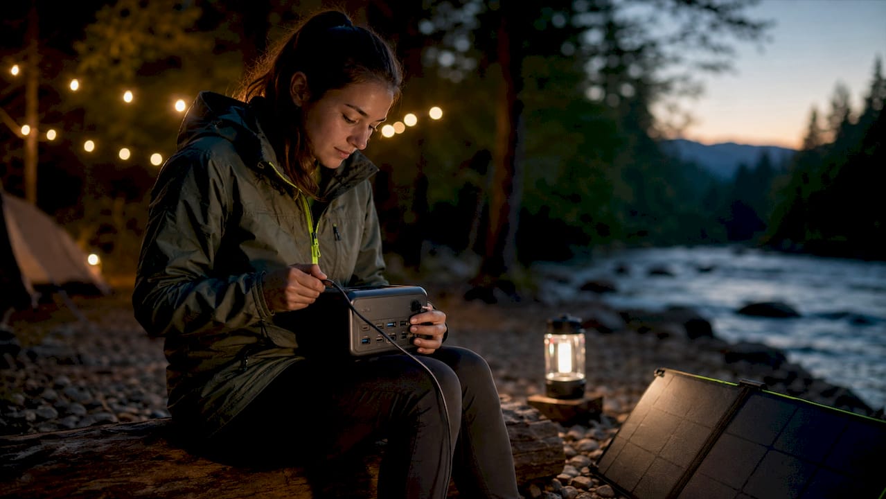 Woman using portable power station at campsite