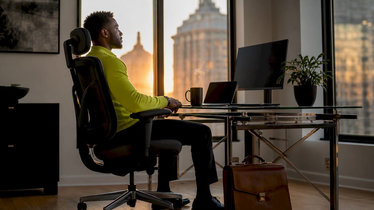 Man sitting with proper posture in ergonomic chair