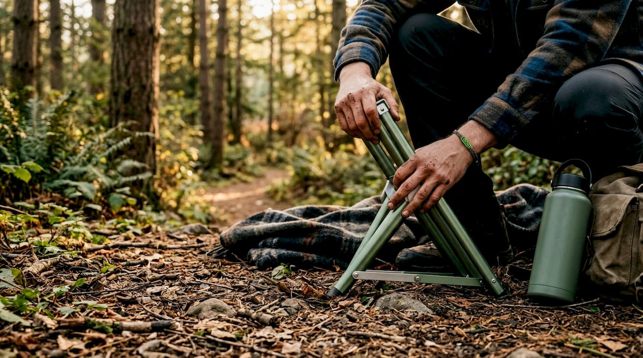 Hands unfolding portable hiking stool outdoors