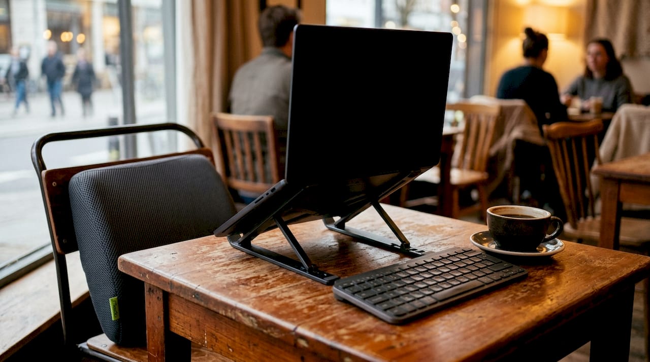 Close-up of portable ergonomic workstation accessories