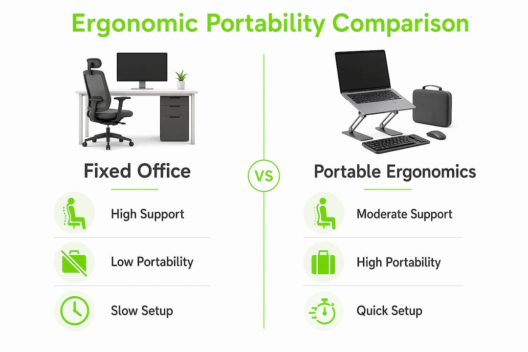 Infographic comparing ergonomic portability and fixed office setups