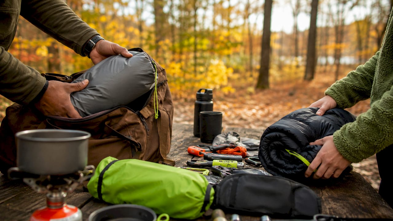 Hands packing camping gear into organized bags