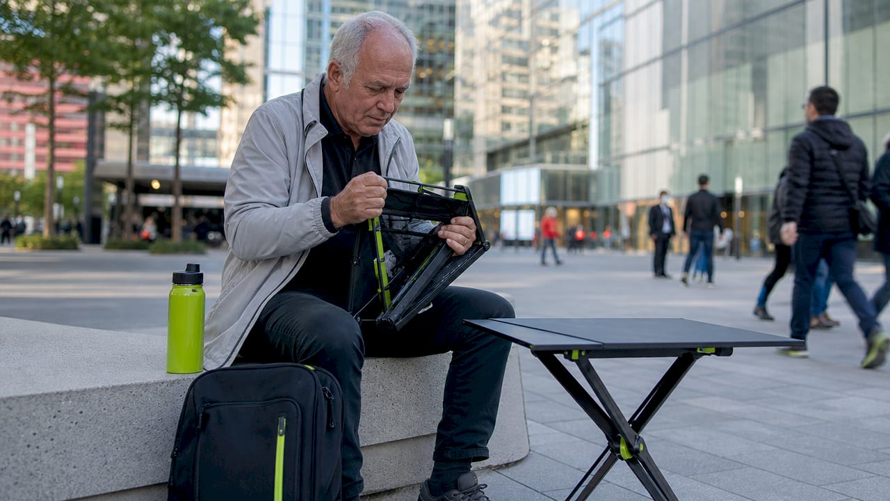 Man folding travel stool outdoors in park