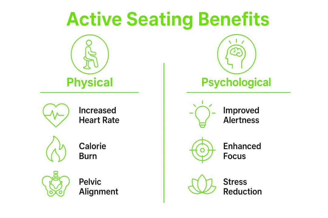 Infographic comparing physical and psychological benefits of active seating