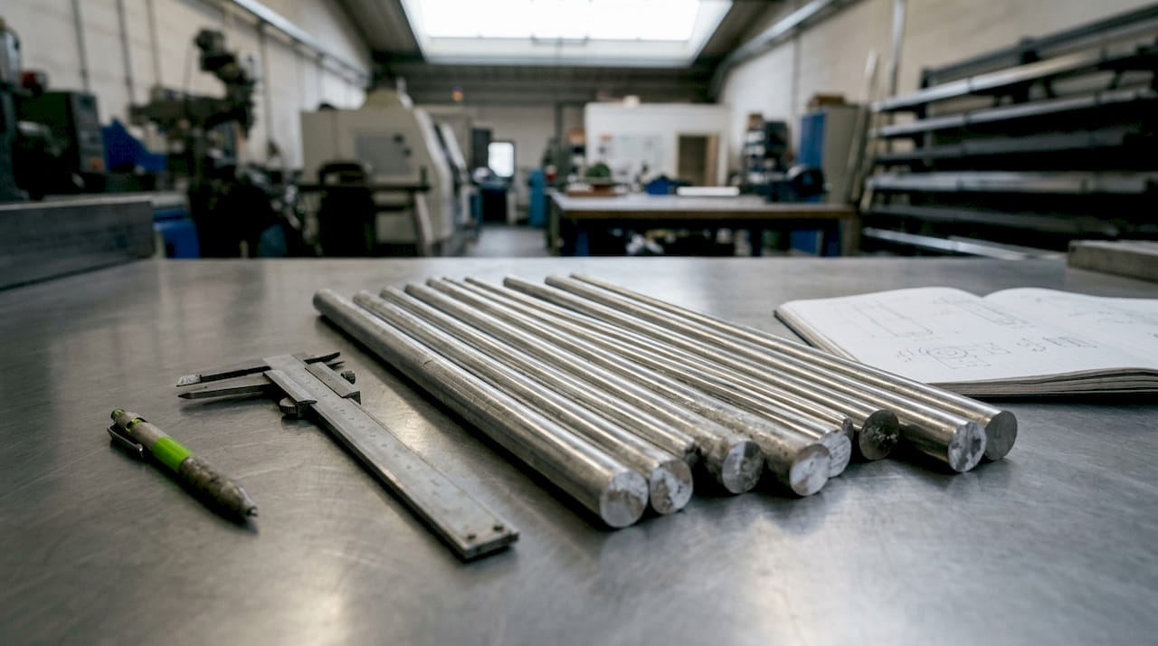 Magnesium alloy rods on wooden industrial table