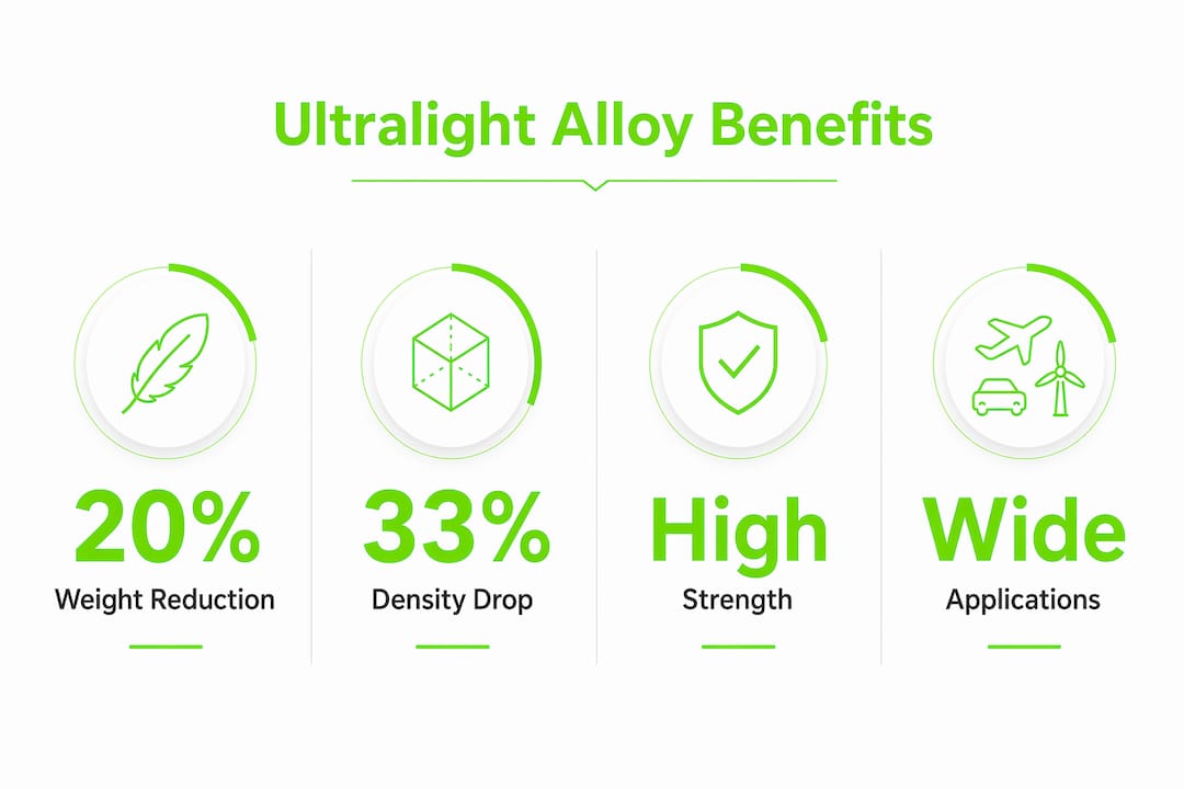 Infographic showing key benefits and uses of ultralight alloys