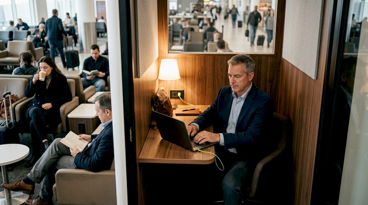 Businessman working inside airport workspace pod