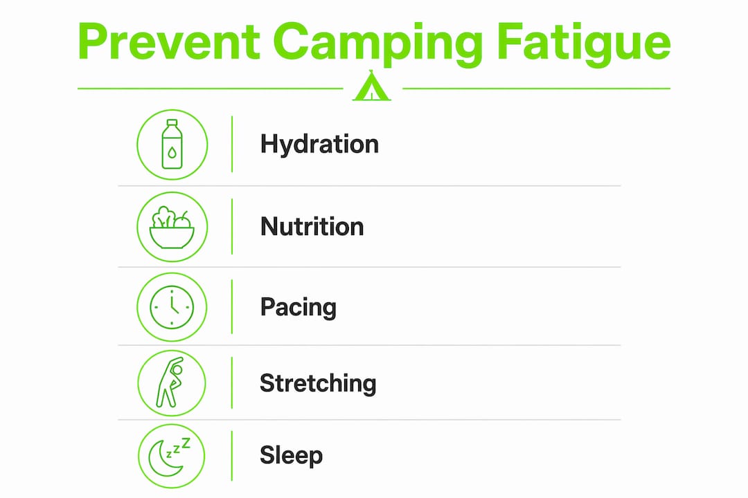 Infographic showing key steps to prevent camping fatigue