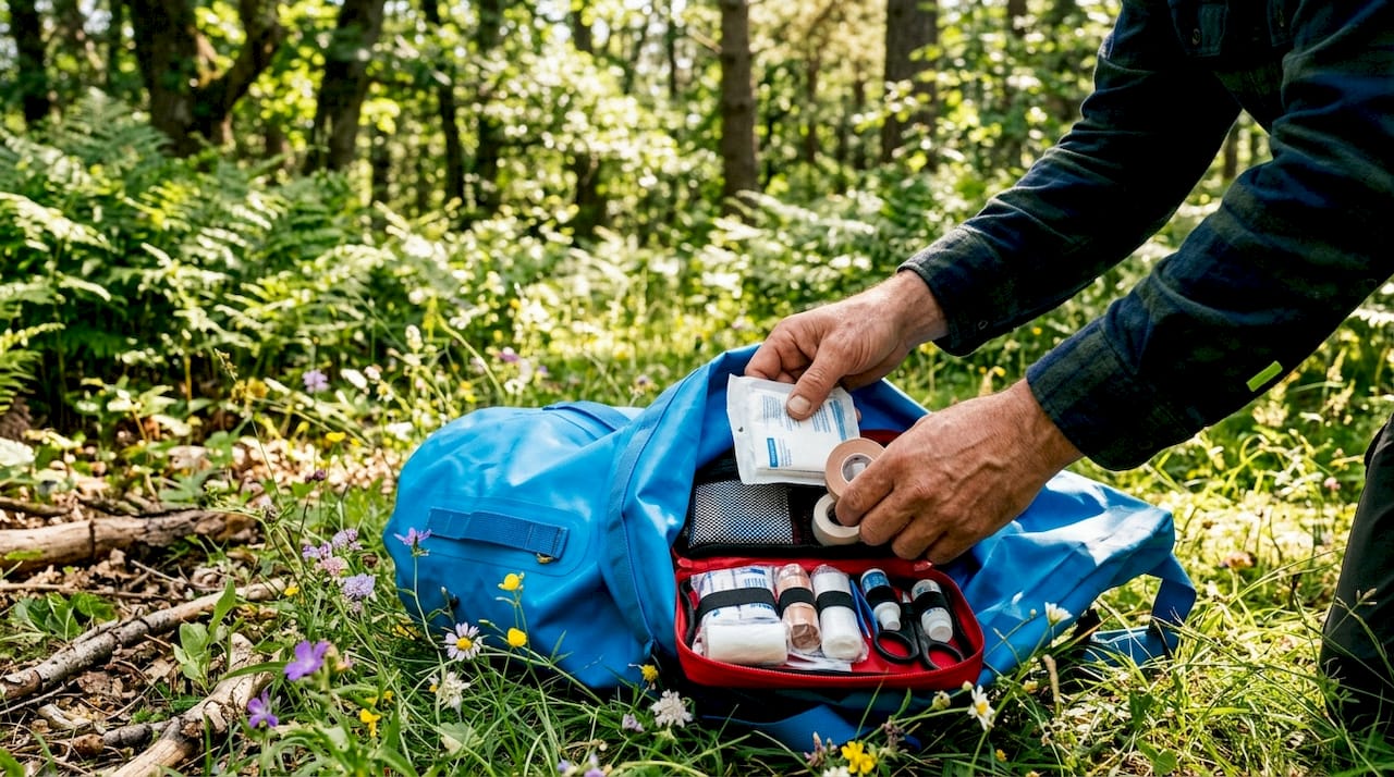 Hands packing first-aid kit into bright dry bag
