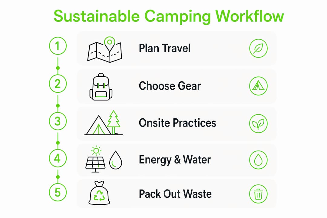 Infographic showing steps of sustainable camping workflow