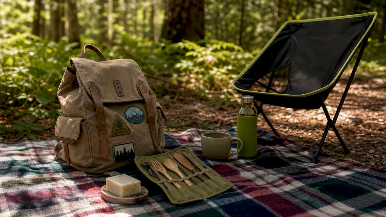 Eco-friendly camping gear arranged on wooden table