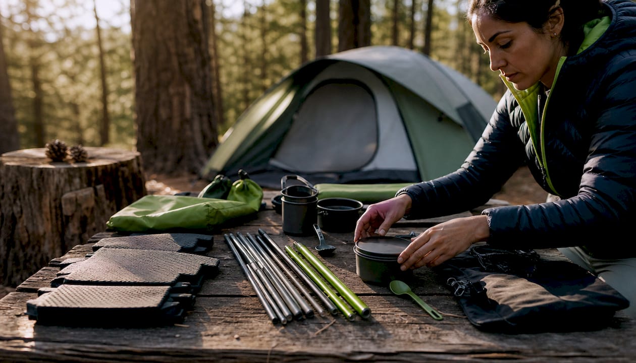 Camping gear components on picnic table with hands