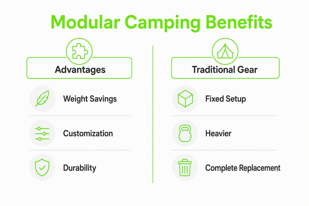 Infographic comparing modular camping benefits versus traditional gear