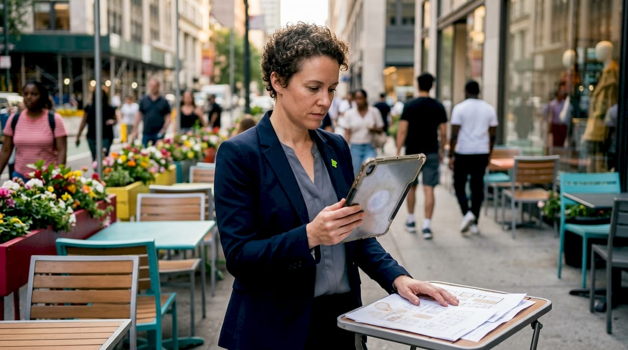Restaurant manager reviewing outdoor seating plans