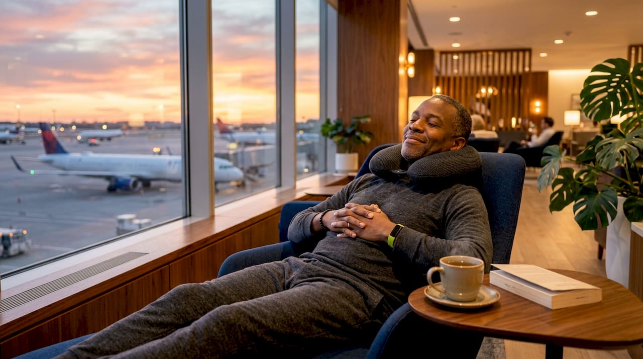 Tired traveler resting in airport lounge chair