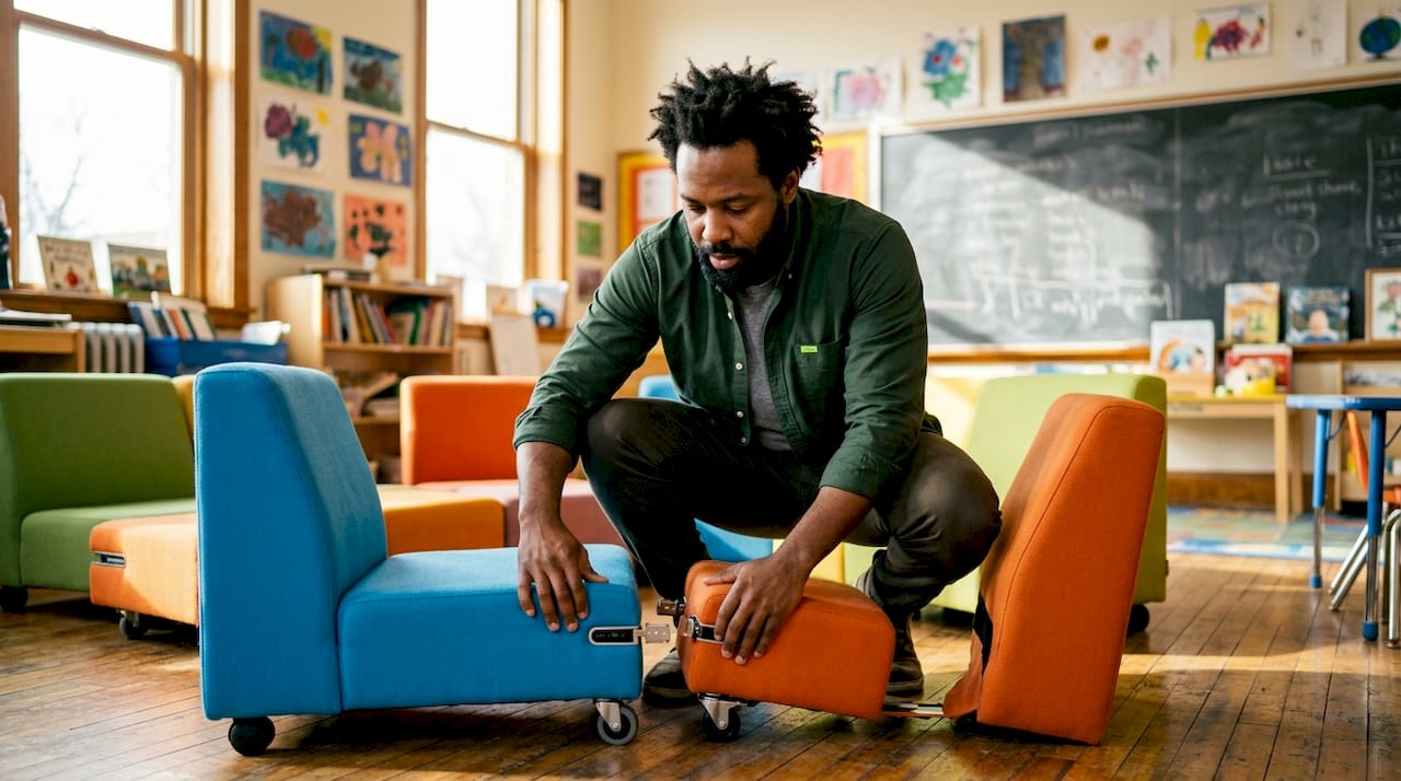 Man connecting modular seats in bright classroom