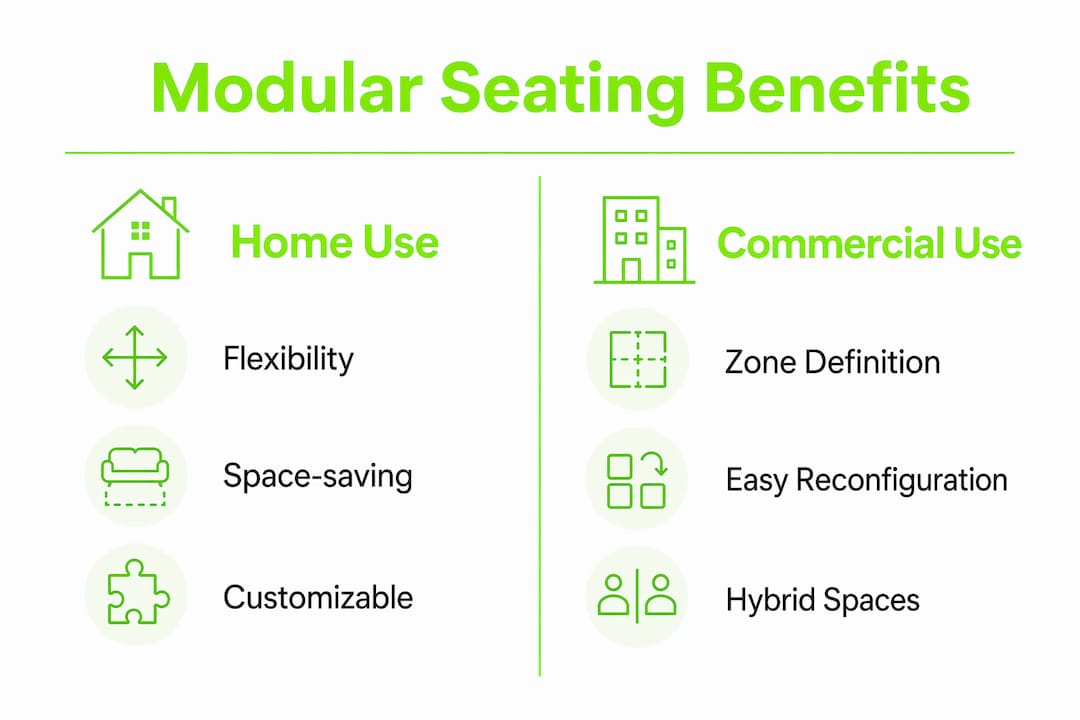 Infographic comparing modular seating benefits at home and commercial use