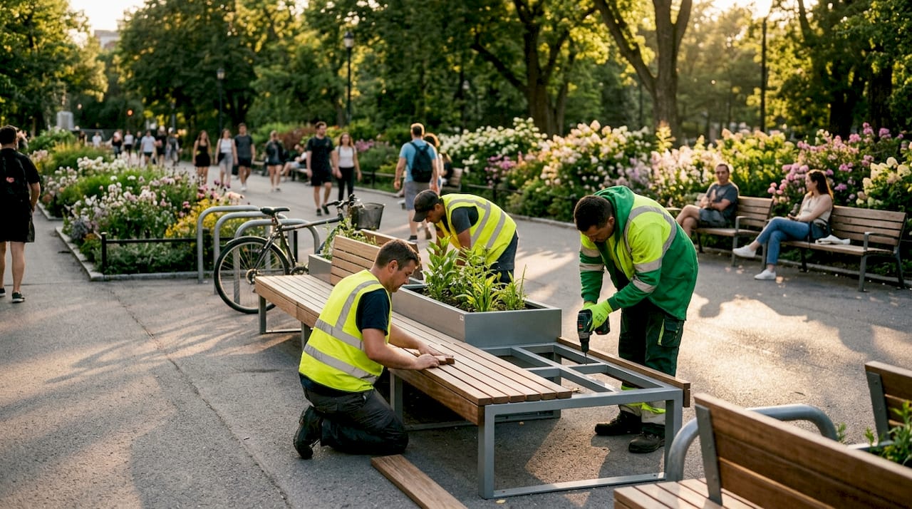 Crew installing modular street benches in plaza