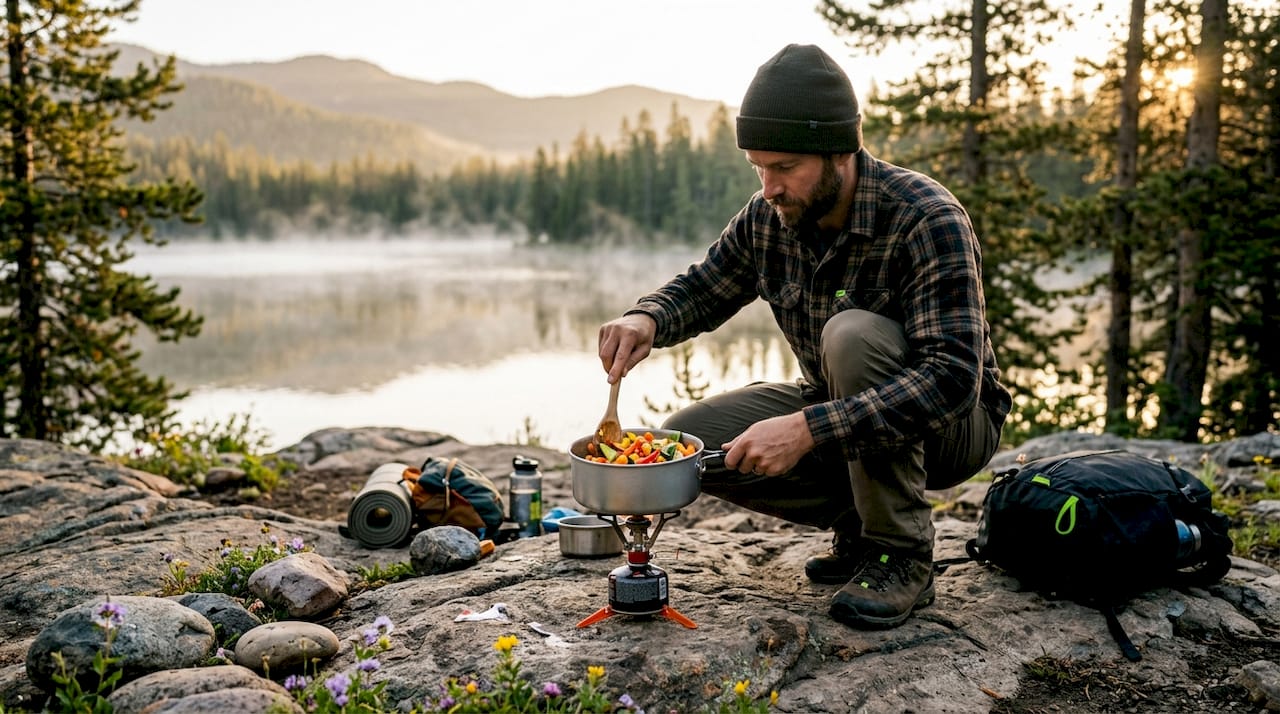 Hands cooking quick meal on all-in-one camping stove
