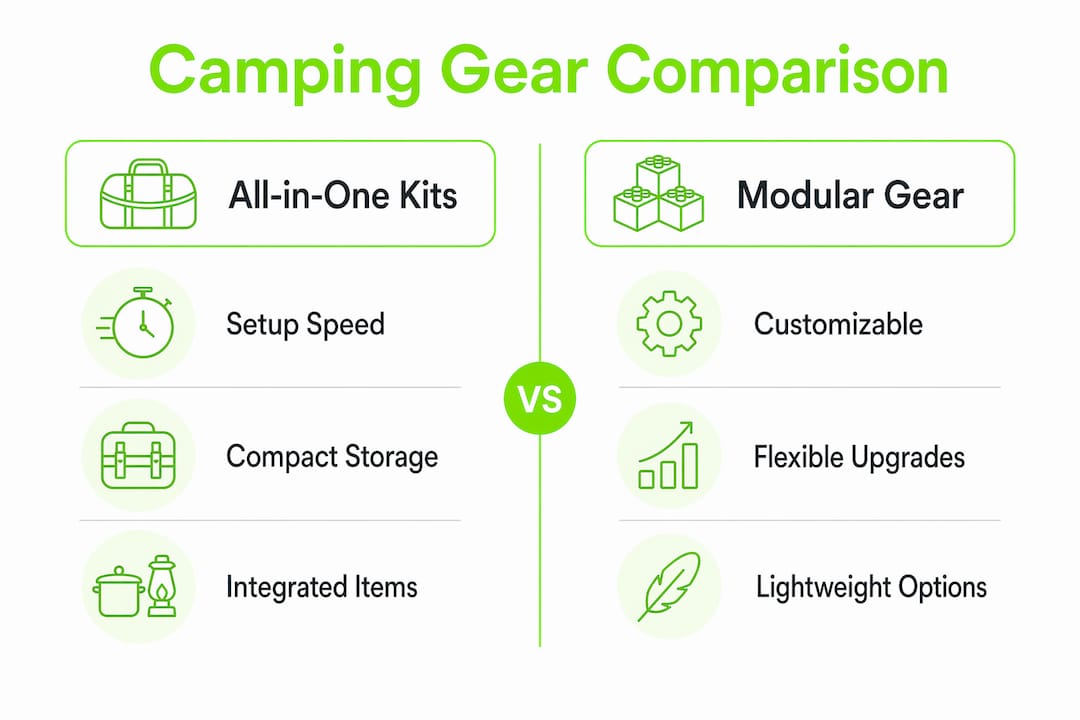 Infographic comparing all-in-one kits and modular camping gear