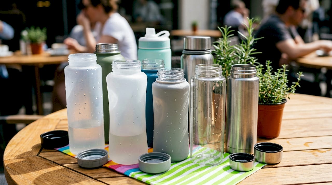 Different travel bottle materials displayed