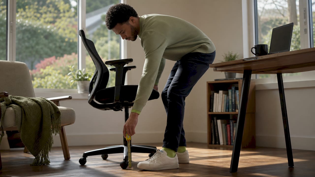 Man adjusting ergonomic seat height at desk