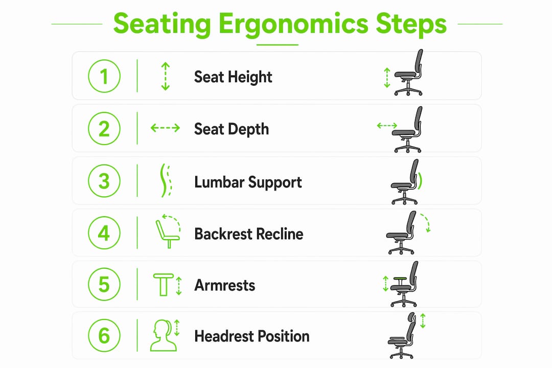 Infographic showing ergonomic chair adjustment steps