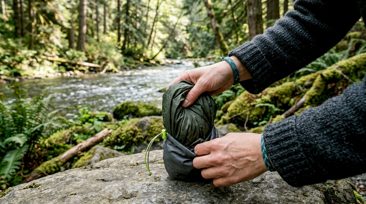 Hands compressing packable daypack outdoors bench