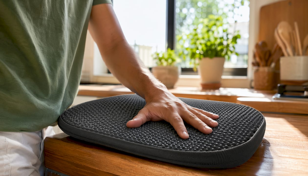 Close-up of hand pressing non-slip rubber cushion