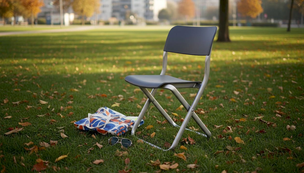 Portable ergonomic chair on city sidewalk