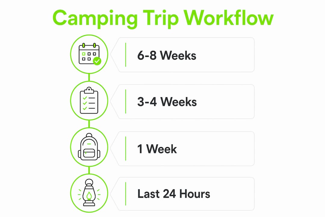Infographic illustrating camping trip preparation timeline