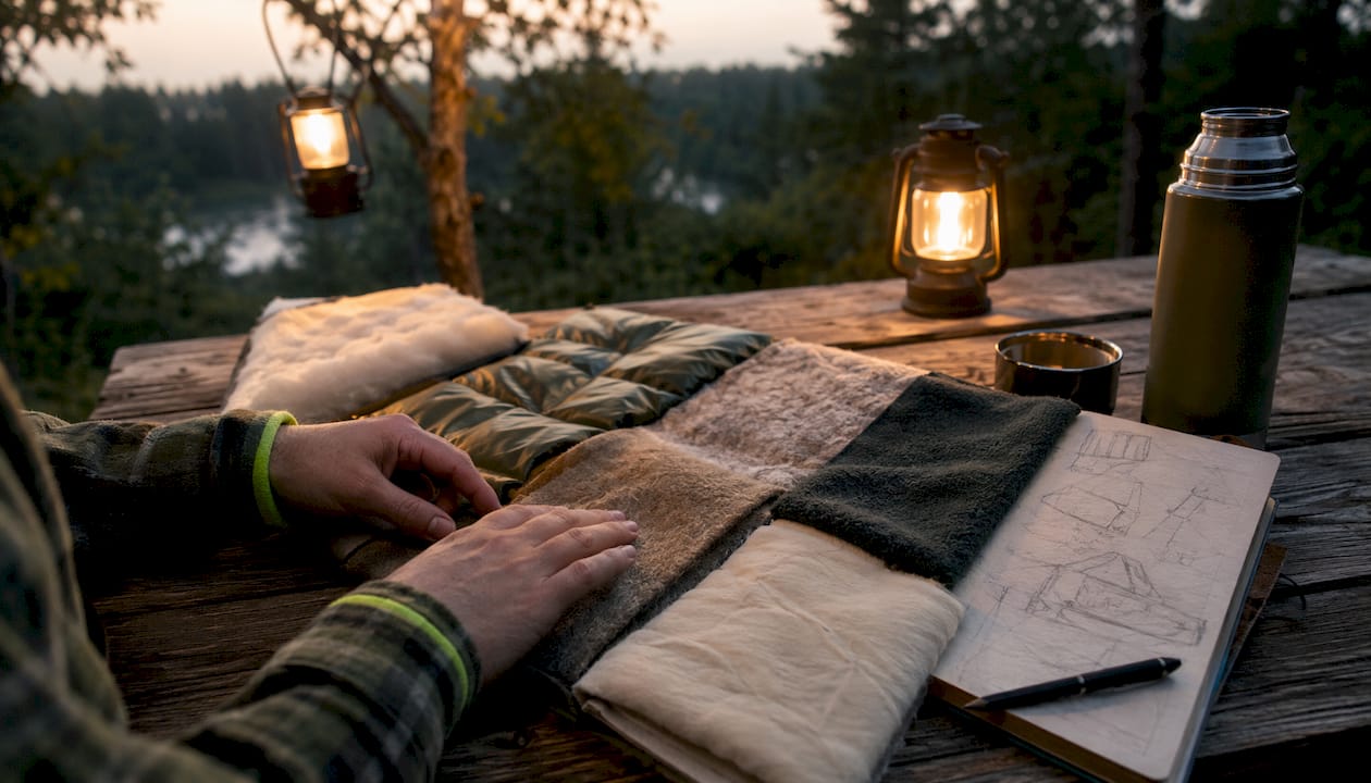 Close-up of blanket material samples on table indoors