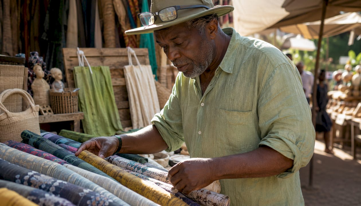 Tailor inspecting recycled fabric in workshop