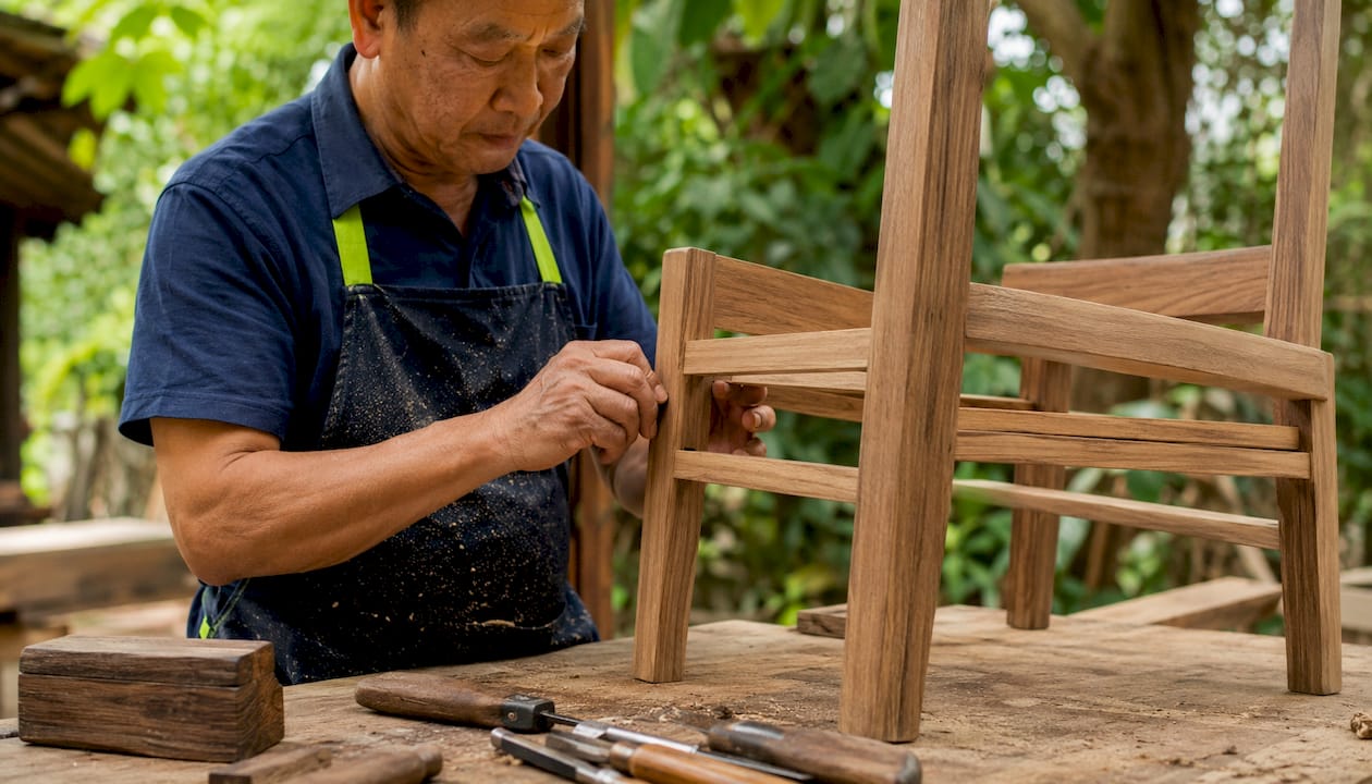 Craftsman assembling eco-friendly wooden chair