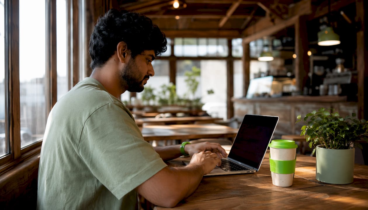 Man researching sustainable seating at home