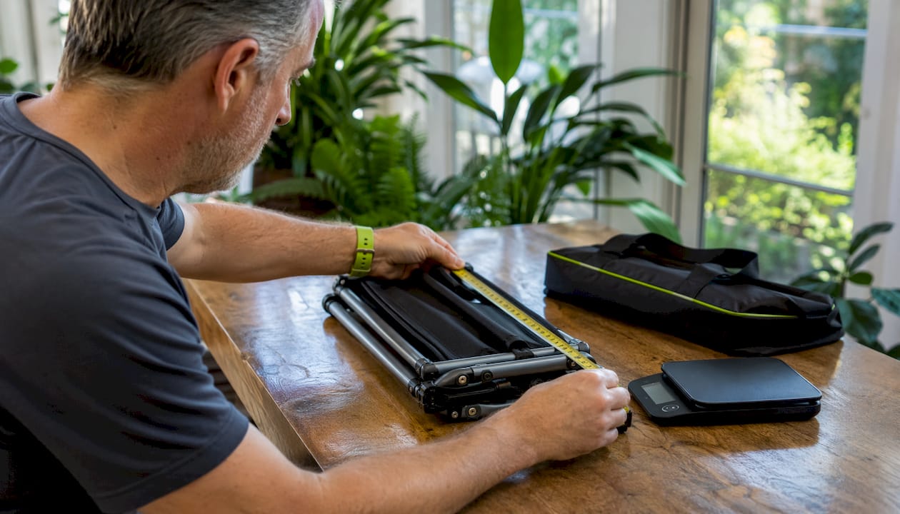 Hands measuring folded portable travel seat dimensions