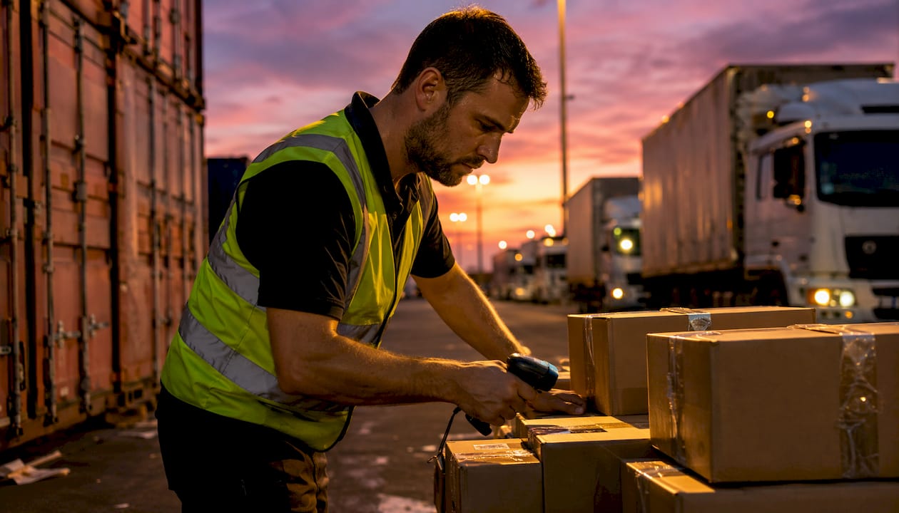 Warehouse worker scanning parcels on conveyer belt