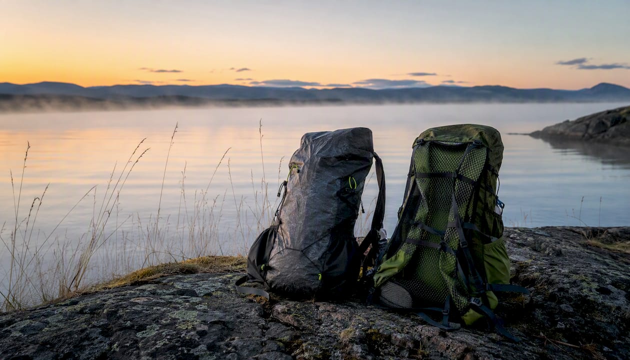 Two ultralight backpacks placed side by side outdoors