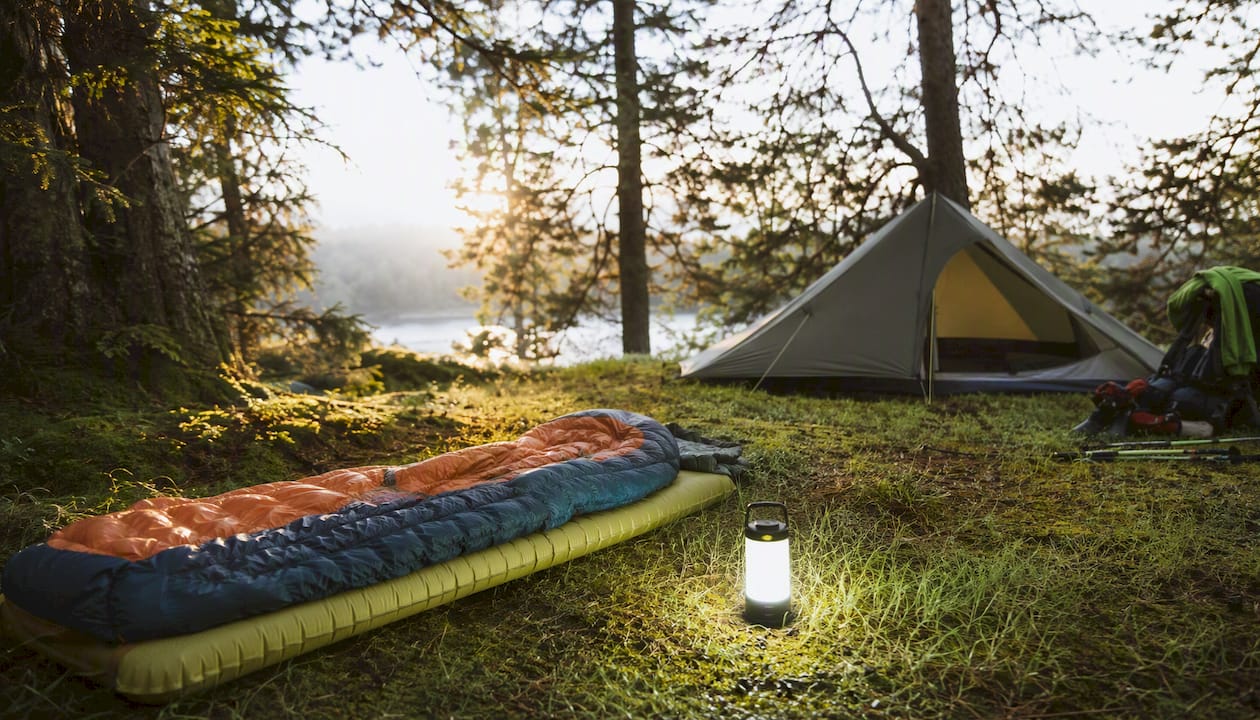 Ultralight sleeping system set up at backcountry campsite