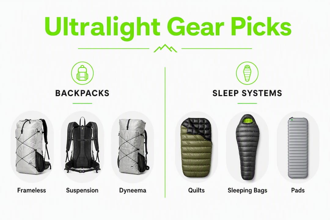 Infographic comparing backpacks and sleep systems ultralight gear