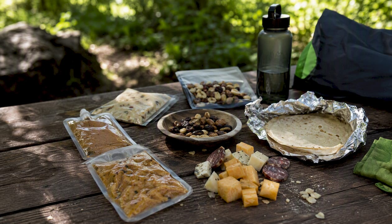 Variety of backpacking trail foods close-up