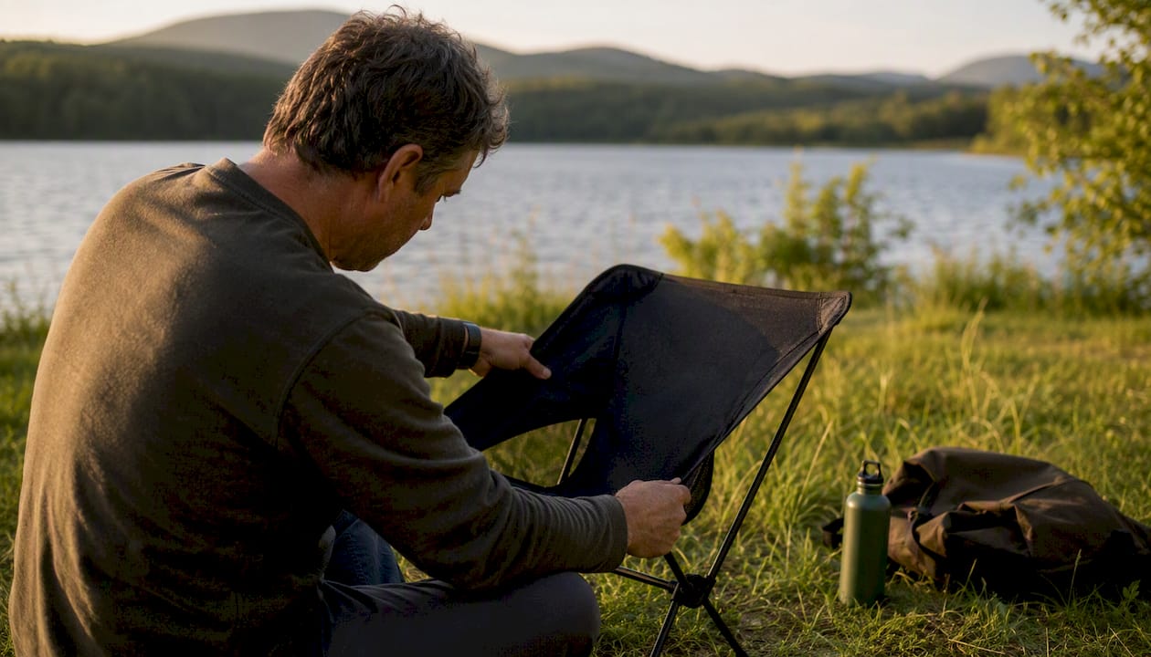 Person testing foldable outdoor chair setup