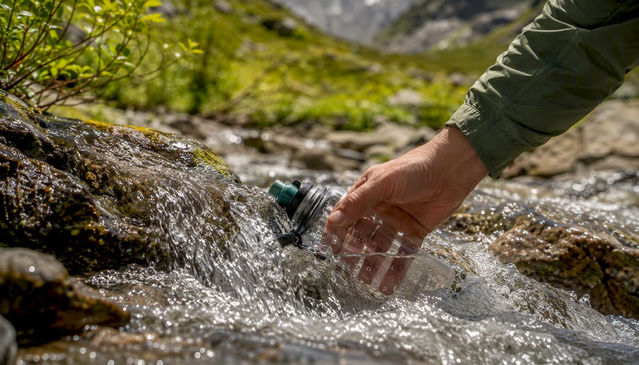 Hand filling water bottle at mountain stream