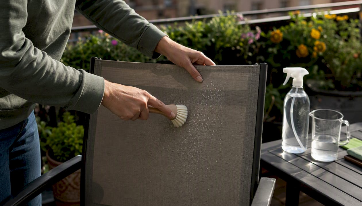 Hands applying vinegar solution to mesh chair