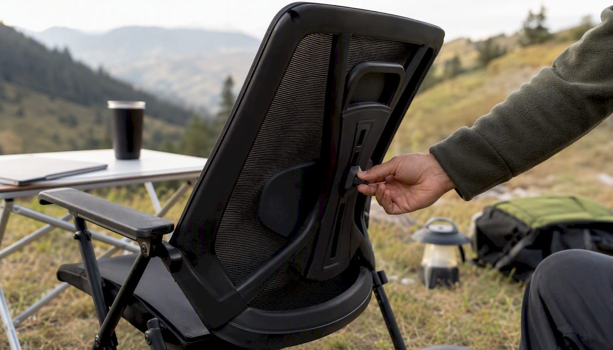 Hand adjusting lumbar support on chair backrest