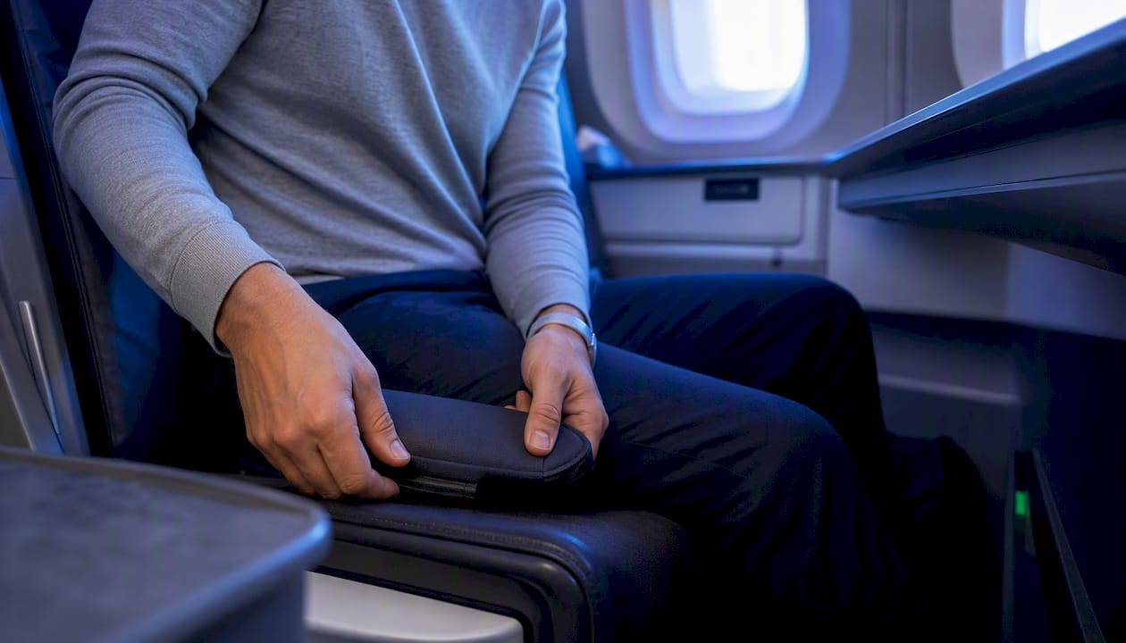 Traveler adjusting travel seat cushion on airplane seat